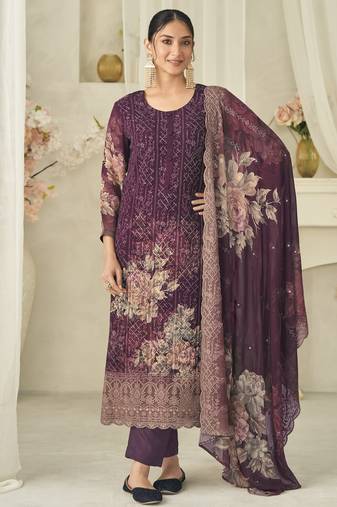  wine pure georgette embroidered dress material