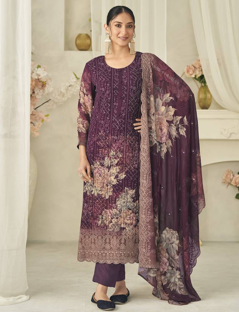 wine pure georgette embroidered dress material