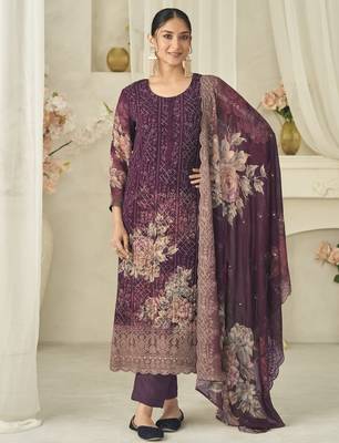  wine pure georgette embroidered dress material 2