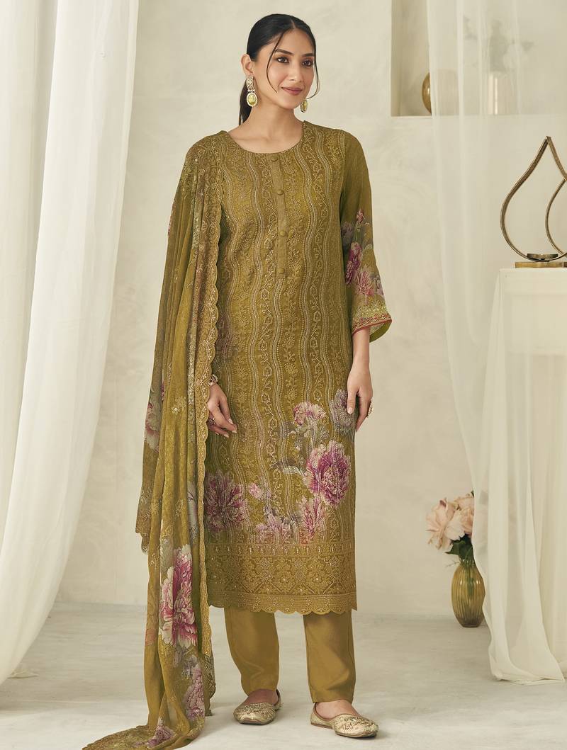  turmeric pure georgette embroidered dress material