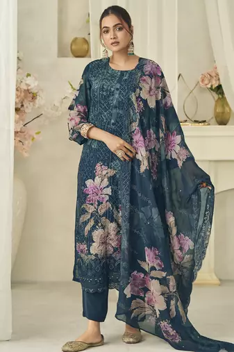  teal pure georgette embroidered dress material