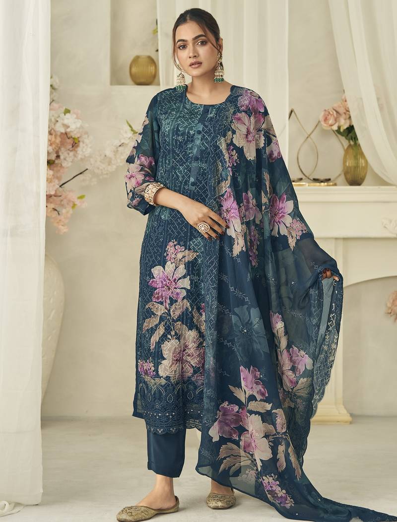  teal pure georgette embroidered dress material