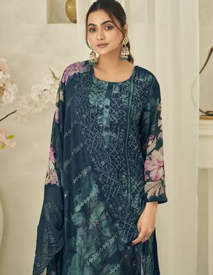 teal pure georgette embroidered dress material 2