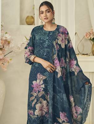  teal pure georgette embroidered dress material 3