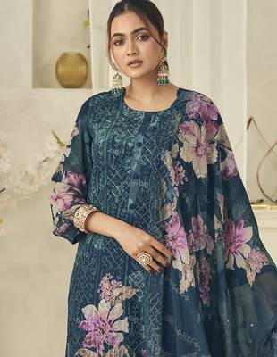  teal pure georgette embroidered dress material 4