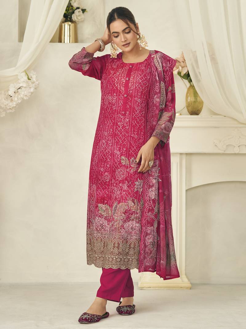  magenta pure georgette embroidered dress material