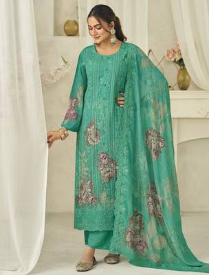  green pure georgette embroidered dress material 1