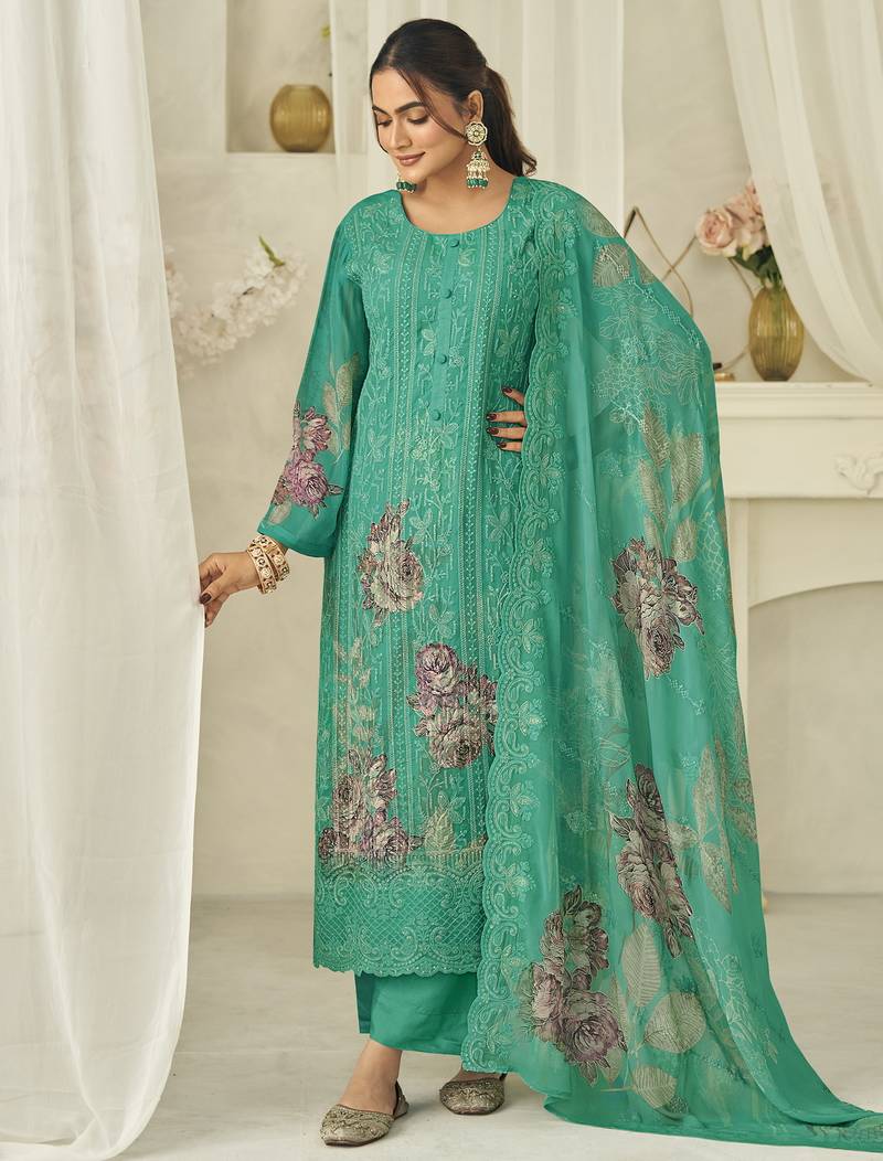  green pure georgette embroidered dress material