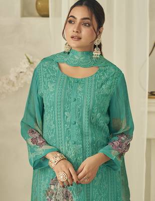  green pure georgette embroidered dress material 2