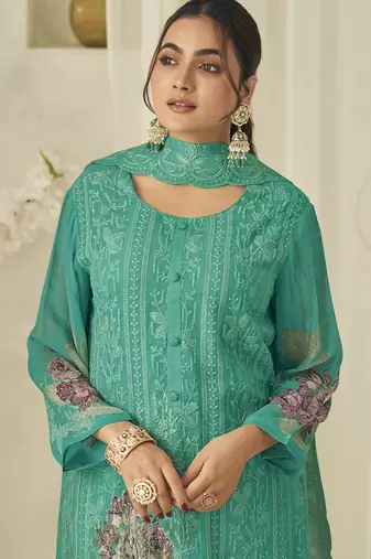 green pure georgette embroidered dress material
