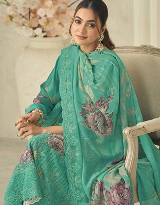  green pure georgette embroidered dress material 3