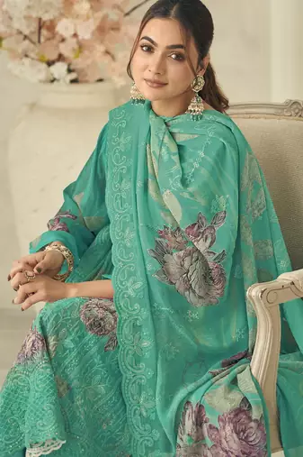  green pure georgette embroidered dress material