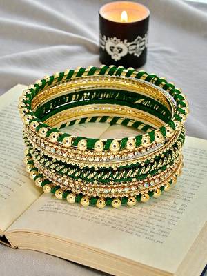 Gold plated set of 11 cz green silk thread bangle set 1