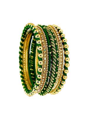 Gold plated set of 11 cz green silk thread bangle set 2