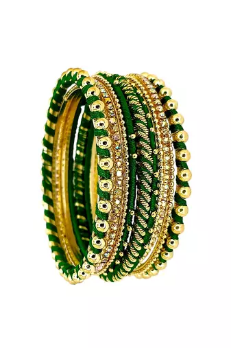Gold plated set of 11 cz green silk thread bangle set