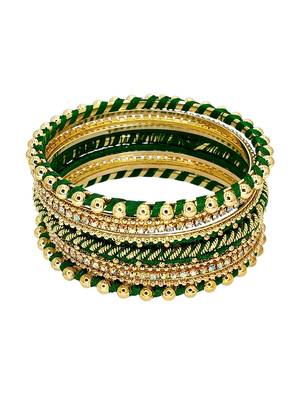 Gold plated set of 11 cz green silk thread bangle set 3