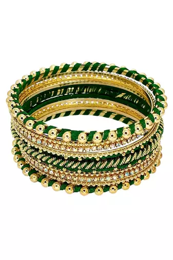 Gold plated set of 11 cz green silk thread bangle set