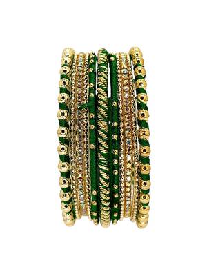Gold plated set of 11 cz green silk thread bangle set 4