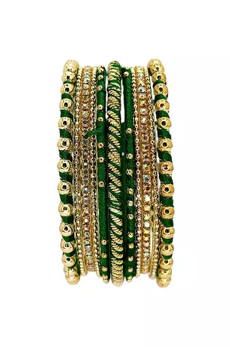 Gold plated set of 11 cz green silk thread bangle set