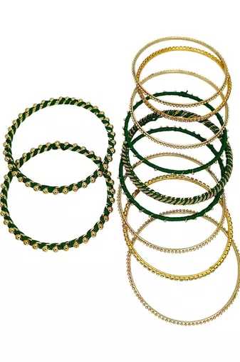 Gold plated set of 11 cz green silk thread bangle set
