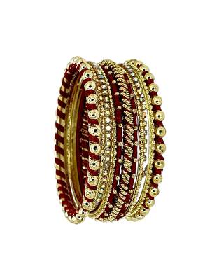 Gold plated set of 11 cz maroon silk thread bangle set 2