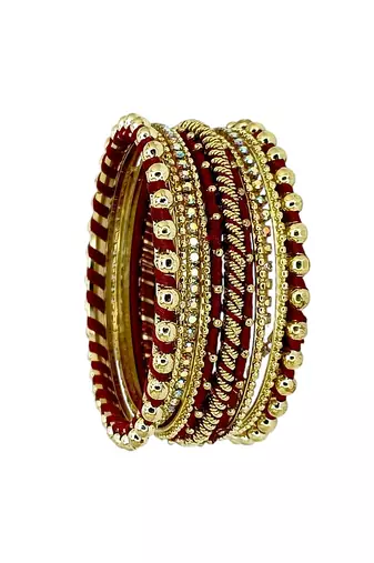 Gold plated set of 11 cz maroon silk thread bangle set