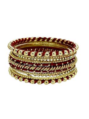 Gold plated set of 11 cz maroon silk thread bangle set 3