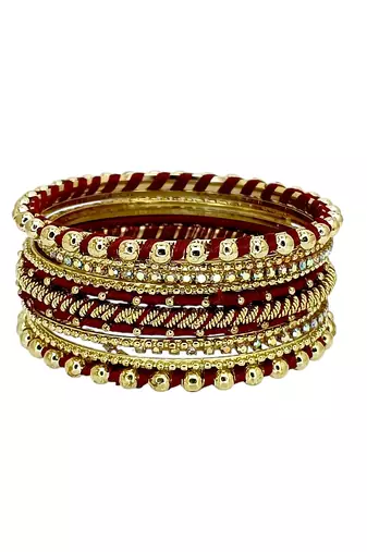 Gold plated set of 11 cz maroon silk thread bangle set