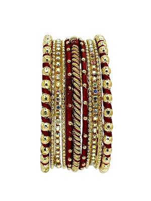 Gold plated set of 11 cz maroon silk thread bangle set 4