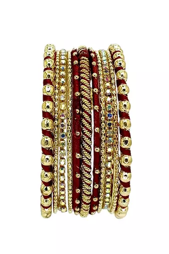 Gold plated set of 11 cz maroon silk thread bangle set