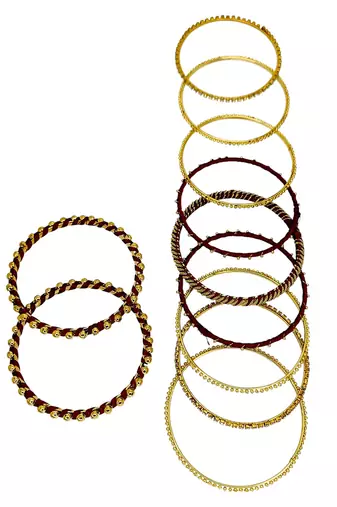 Gold plated set of 11 cz maroon silk thread bangle set