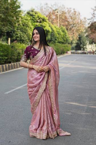 New Designer Fendy Satin Embroidered Women's Saree With Blouse Set  