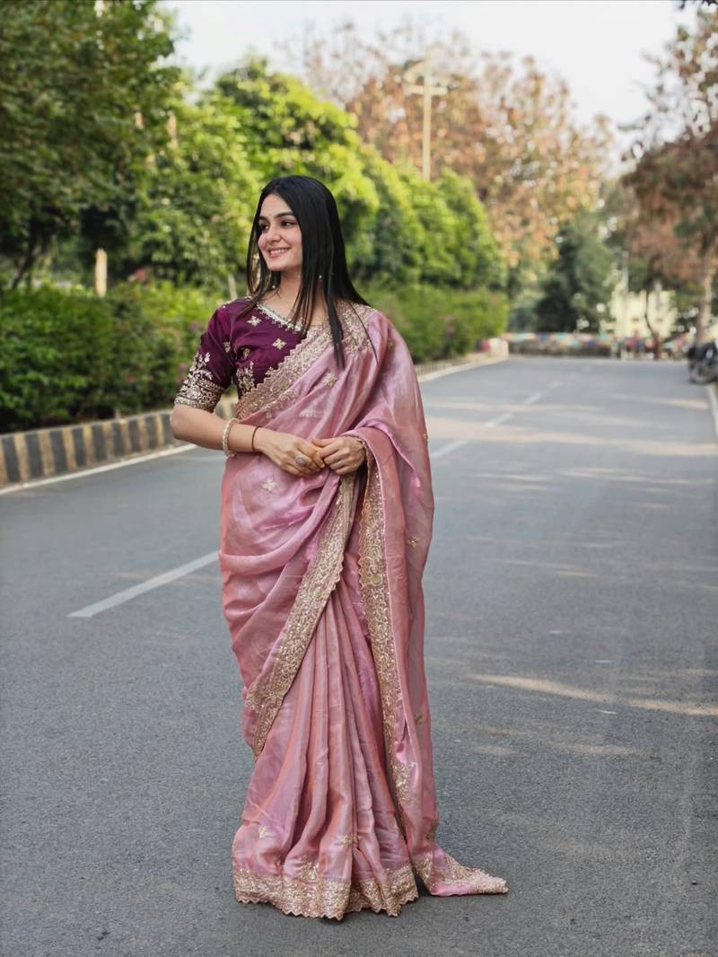 New Designer Fendy Satin Embroidered Women's Saree With Blouse Set  