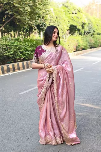 Fendy Satin Embroidered Women's Saree With Blouse Set  