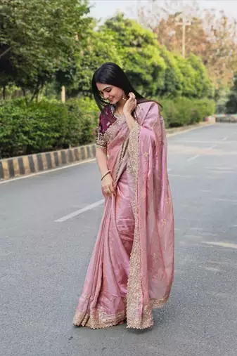 Fendy Satin Embroidered Women's Saree With Blouse Set  