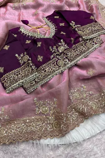 Fendy Satin Embroidered Women's Saree With Blouse Set  