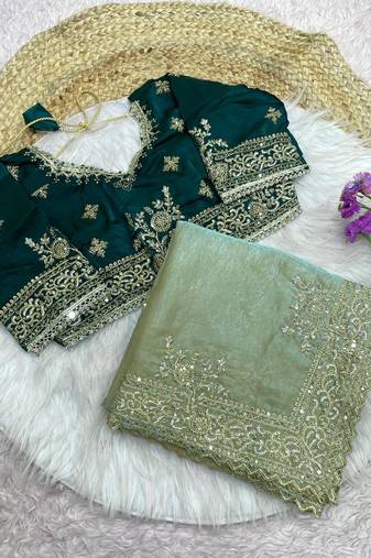 New Designer Embroidered Fendi Satin Green Color Women's Saree With Blouse Set