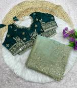 Embroidered Fendi Satin Green Color Women's Saree With Blouse Set