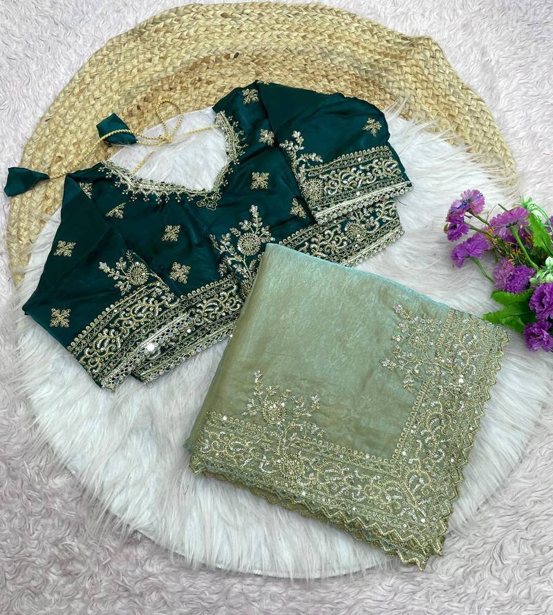 New Designer Embroidered Fendi Satin Green Color Women's Saree With Blouse Set