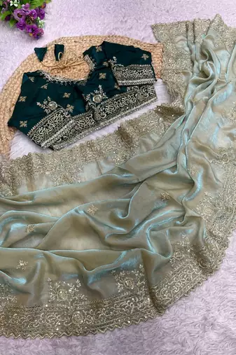 Embroidered Fendi Satin Green Color Women's Saree With Blouse Set