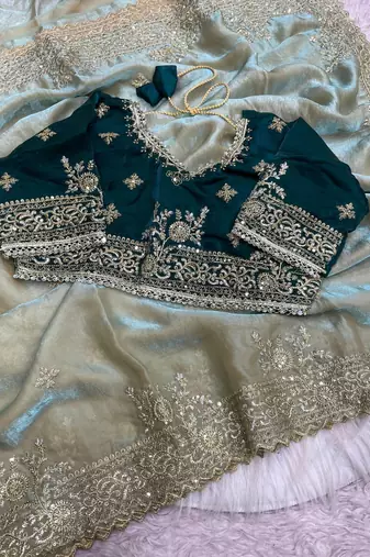 Embroidered Fendi Satin Green Color Women's Saree With Blouse Set