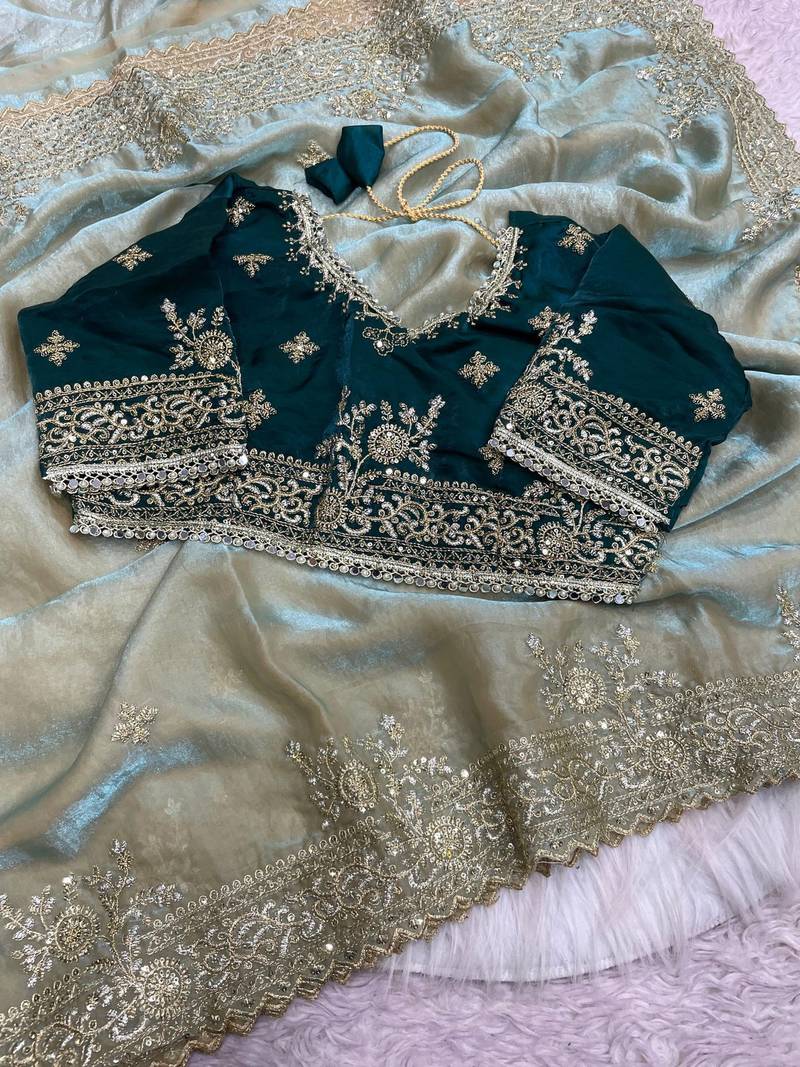 Embroidered Fendi Satin Green Color Women's Saree With Blouse Set