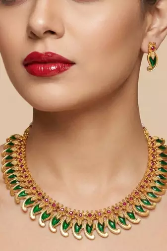 Handcrafted traditional gold plated green mango malai necklace set - ethnic kemp jewelry for weddings & festivals