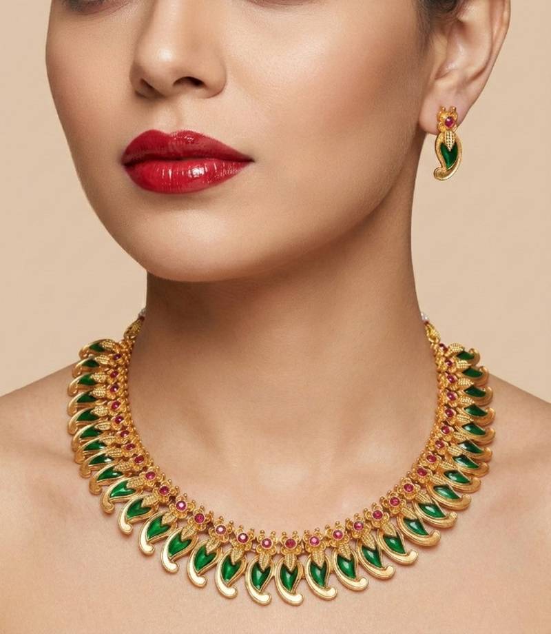 Handcrafted traditional gold plated green mango malai necklace set - ethnic kemp jewelry for weddings & festivals