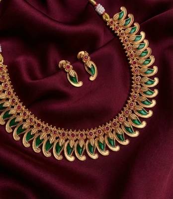 Handcrafted traditional gold plated green mango malai Necklace :: set - ethnic kemp jewelry for weddings & festivals 2