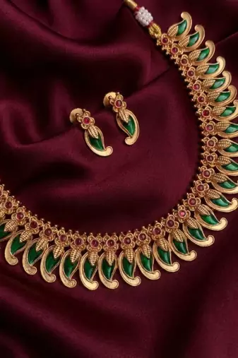 Handcrafted traditional gold plated green mango malai Necklace :: set - ethnic kemp jewelry for weddings & festivals