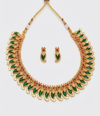 Handcrafted traditional gold plated green mango malai Necklace :: set - ethnic kemp jewelry for weddings & festivals 3
