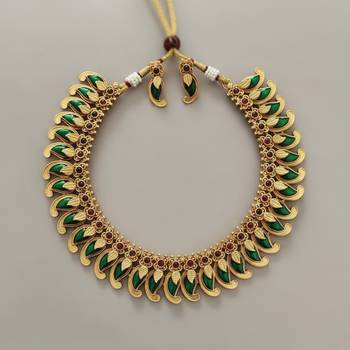 Handcrafted traditional gold plated green mango malai Necklace :: set - ethnic kemp jewelry for weddings & festivals 4