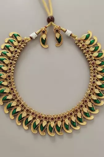 Handcrafted traditional gold plated green mango malai Necklace :: set - ethnic kemp jewelry for weddings & festivals