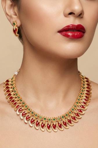 Handcrafted traditional gold plated red mango malai necklace set - ethnic kemp jewelry for weddings & festivals